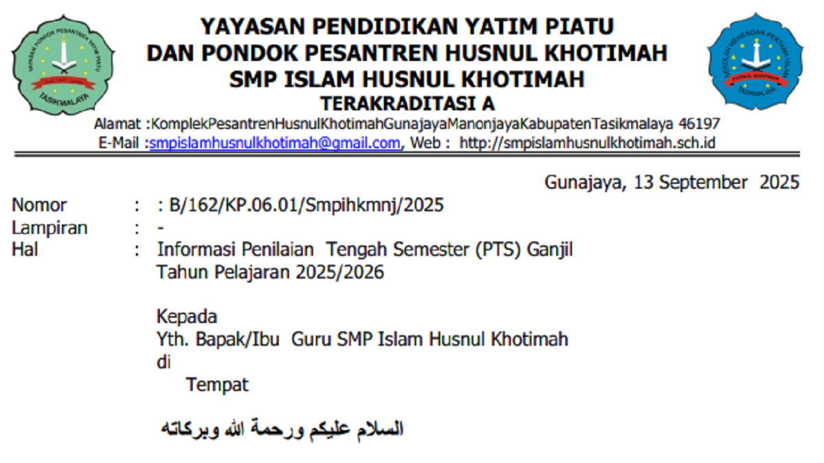 Informasi Penilaian Tengah Semester (PTS) GanjilTahun Pelajaran 2025/2026
